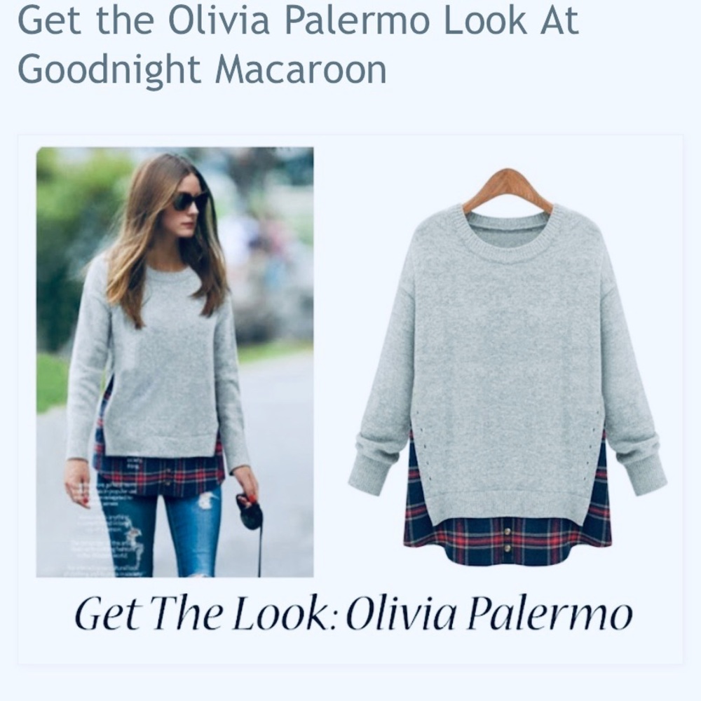 Goodnight Macaroon Gray Sweater, Plaid Hem, Medium